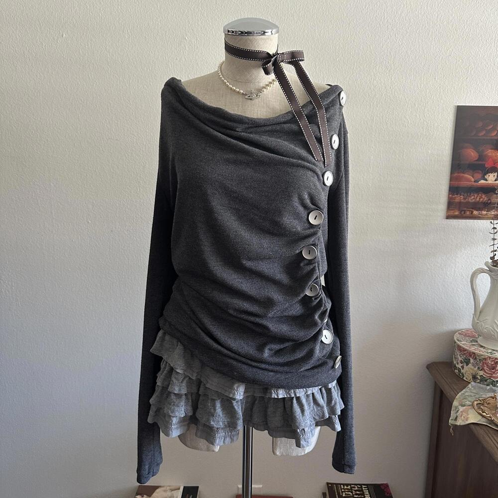 Gray Asymmetrical Button Knit Top - image 1